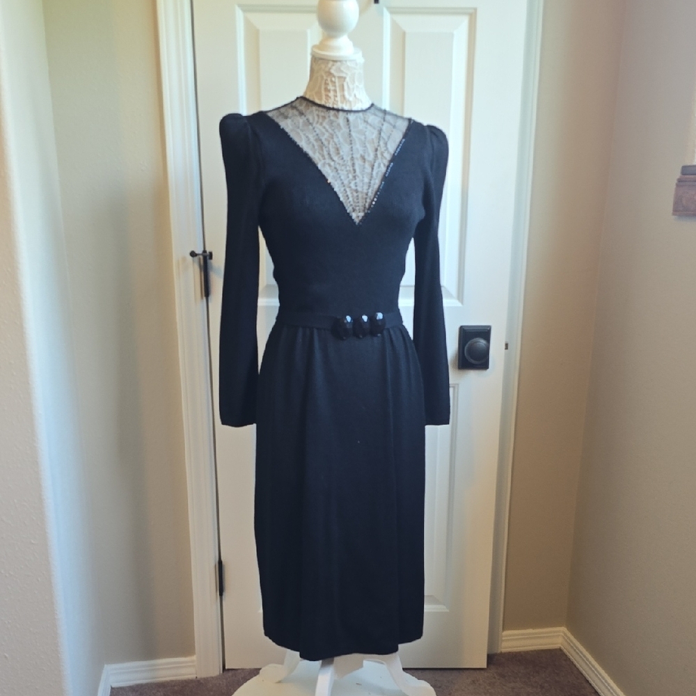 ST. JOHN Vintage Illusion Neckline Long Sleeve Black Cocktail Sheath Dress